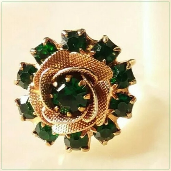 VTG Gold/Emerald Rhinestone Flower Earrings J. Lee - Picture 4 of 7